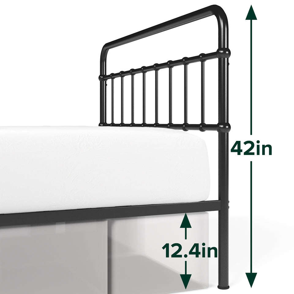 Side view of Zinus metal bed frame with headboard, showing mattress on top and 12.4 inches of underbed clearance. Sturdy 42-inch tall headboard enhances style and support. Provides space-saving storage while offering durable support for memory foam or hybrid mattresses.