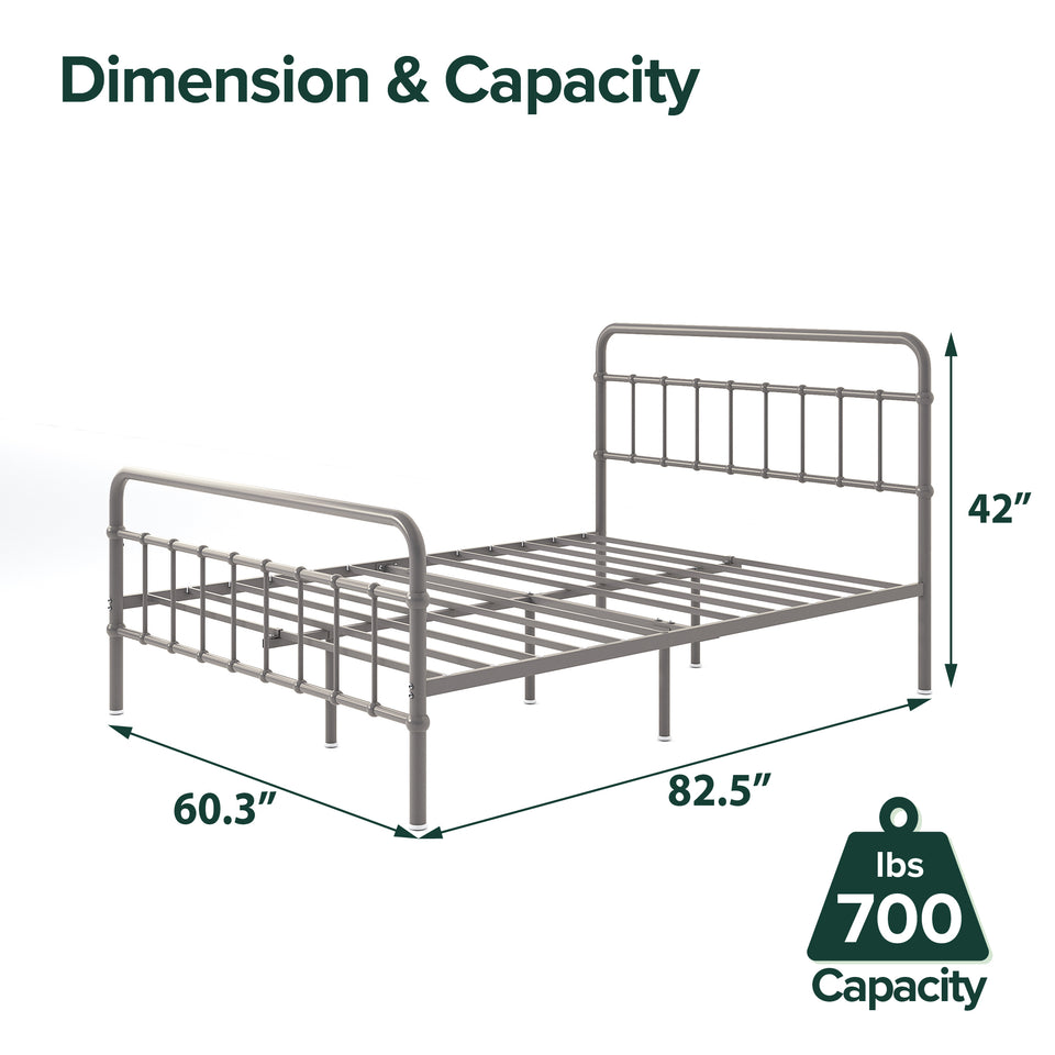 Zinus metal bed frame with headboard shown with dimensions and 700 lb weight capacity. Sturdy steel construction measures 60.3 inches wide, 82.5 inches long, and 42 inches high. Strong design supports memory foam, hybrid, or spring mattresses without a box spring