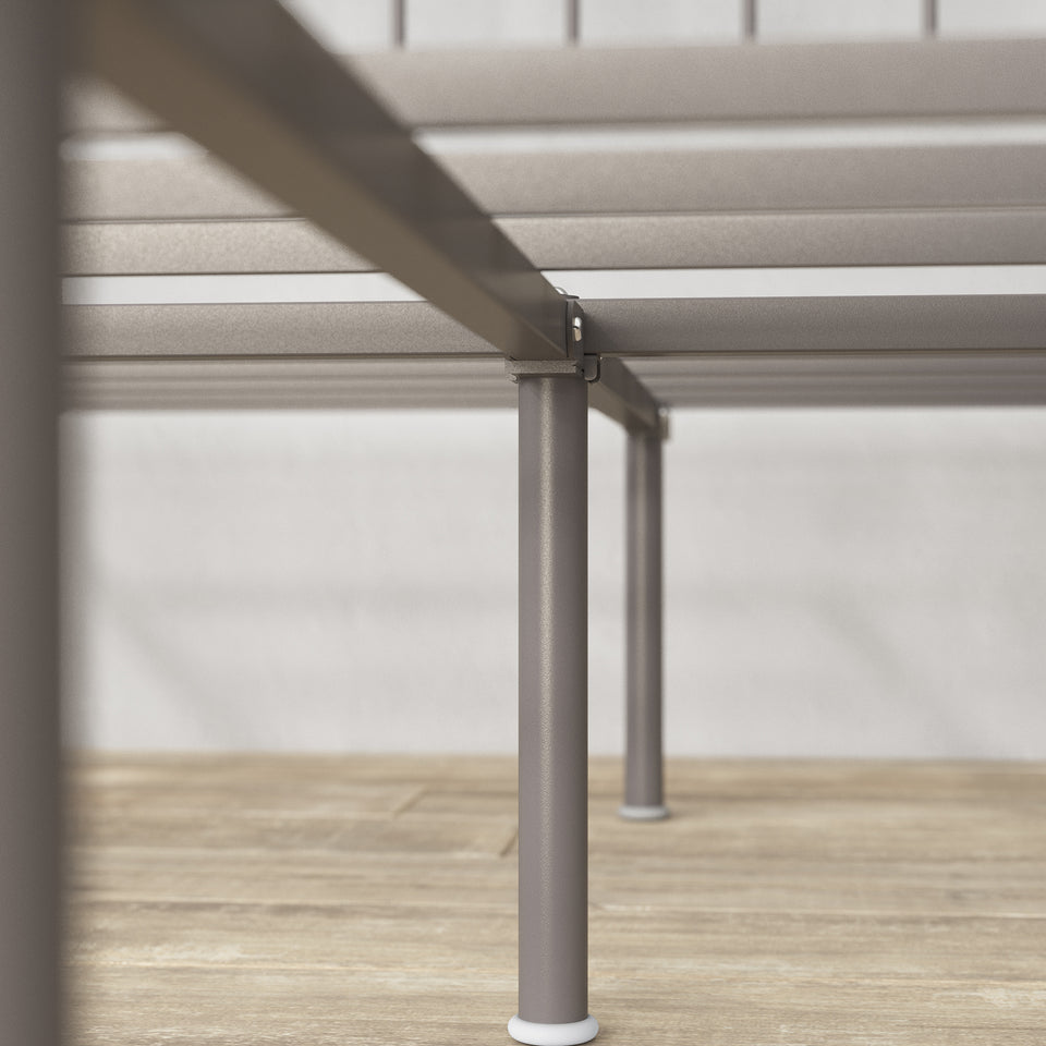 Underside view of Zinus metal platform bed frame showing sturdy grey steel support legs and horizontal slats. Reinforced structure enhances durability, provides stable mattress foundation, and allows for underbed storage. Compatible with Zinus memory foam and hybrid mattresses.