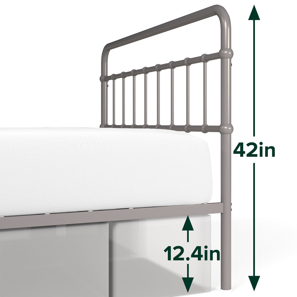 Side view of Zinus metal bed frame with headboard, showing mattress on top and 12.4 inches of underbed clearance. Sturdy 42-inch tall headboard enhances style and support. Provides space-saving storage while offering durable support for memory foam or hybrid mattresses.