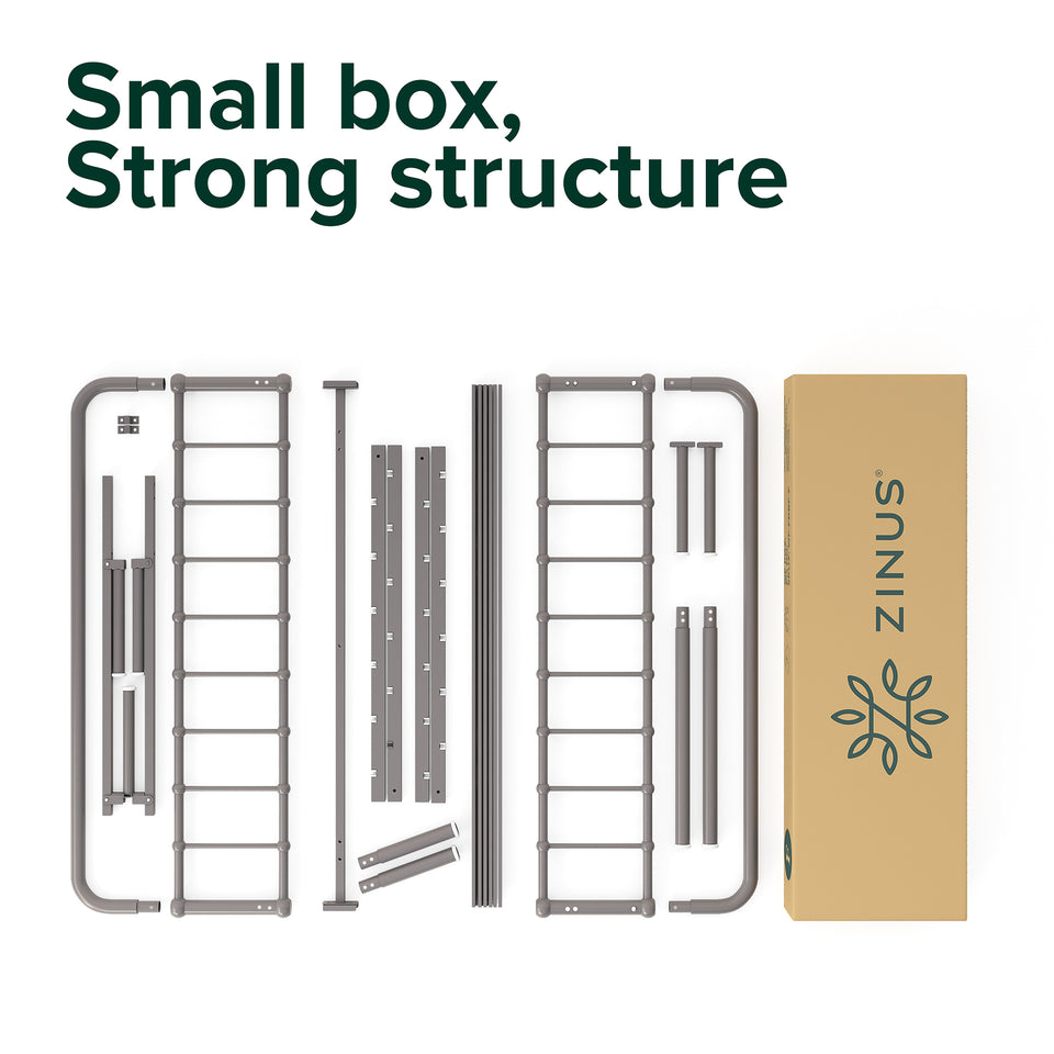 Disassembled Zinus metal platform bed frame with headboard shown laid out beside a compact shipping box. Steel slats and frame parts highlight easy assembly in a small box. Strong, durable construction makes this Zinus bed frame ideal for supporting memory foam or hybrid mattresses