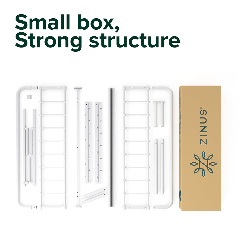 Disassembled Zinus metal platform bed frame with headboard shown laid out beside a compact shipping box. Steel slats and frame parts highlight easy assembly in a small box. Strong, durable construction makes this Zinus bed frame ideal for supporting memory foam or hybrid mattresses