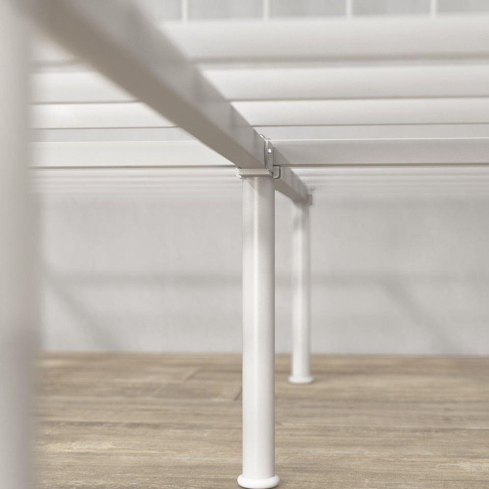 Underside view of Zinus metal platform bed frame showing sturdy white steel support legs and horizontal slats. Reinforced structure enhances durability, provides stable mattress foundation, and allows for underbed storage. Compatible with Zinus memory foam and hybrid mattresses.