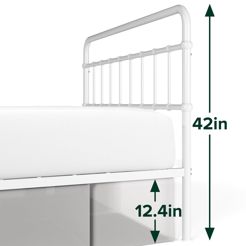 Side view of Zinus metal bed frame with headboard, showing mattress on top and 12.4 inches of underbed clearance. Sturdy 42-inch tall headboard enhances style and support. Provides space-saving storage while offering durable support for memory foam or hybrid mattresses.