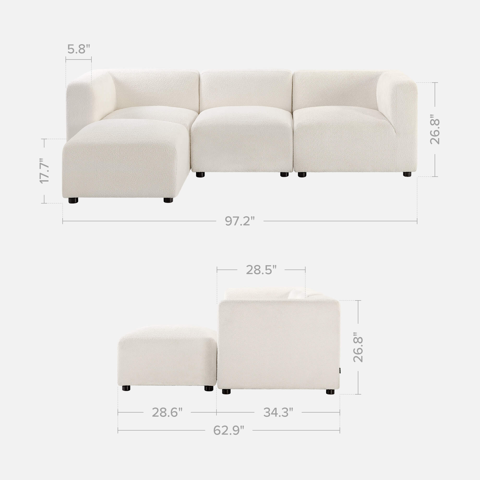 luca reversible sofa in boucle dimensions
