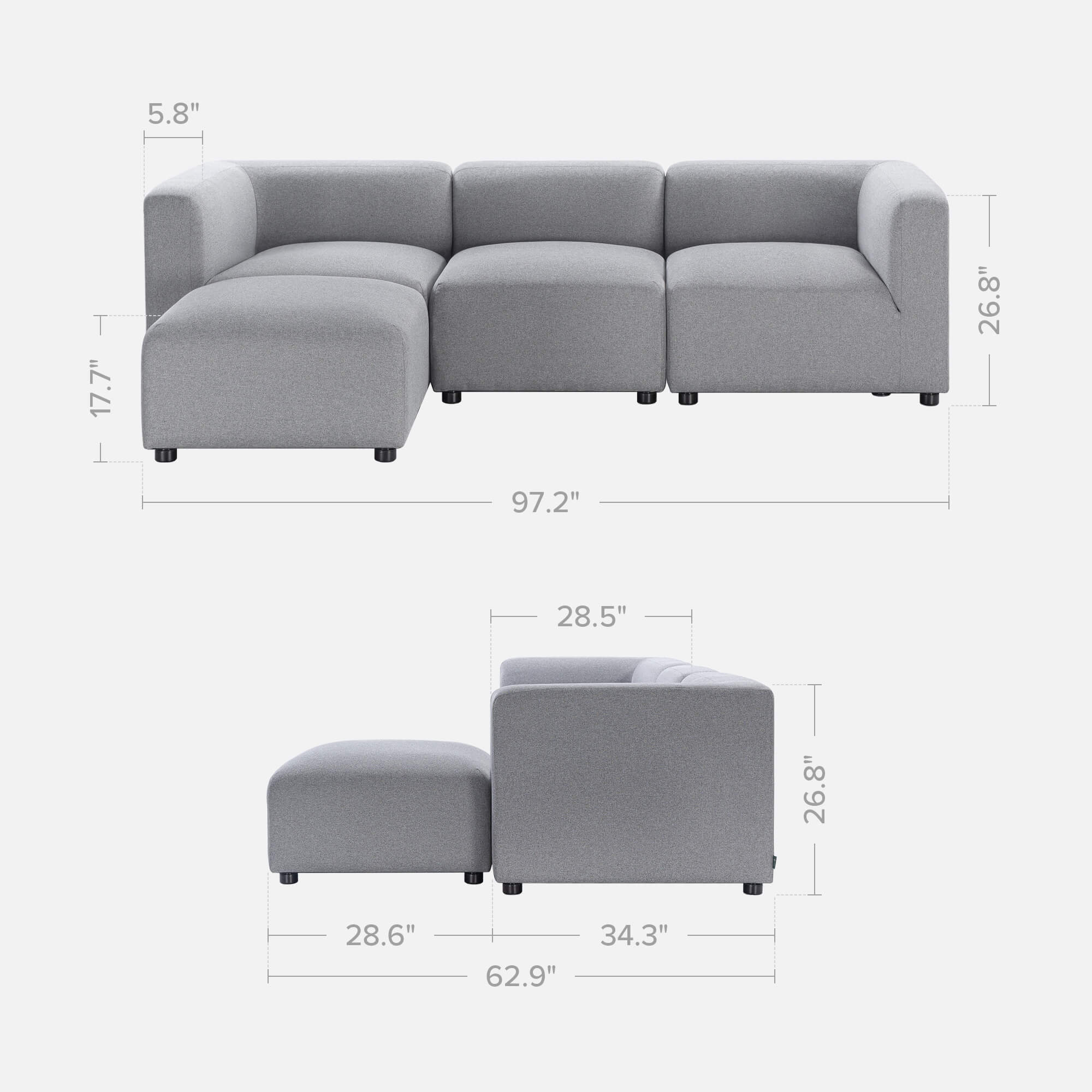 luca reversible sofa in grey dimensions