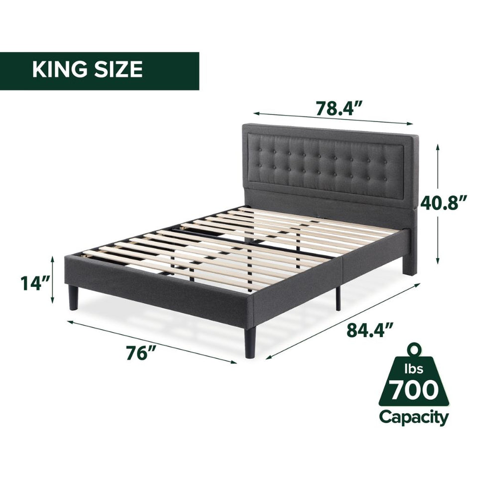 King size upholstered platform bed frame with tufted headboard shown with wood slats, measuring 78.4 inches wide, 84.4 inches long, 40.8 inches high, and 14 inches from floor to base, supporting up to 700 pounds