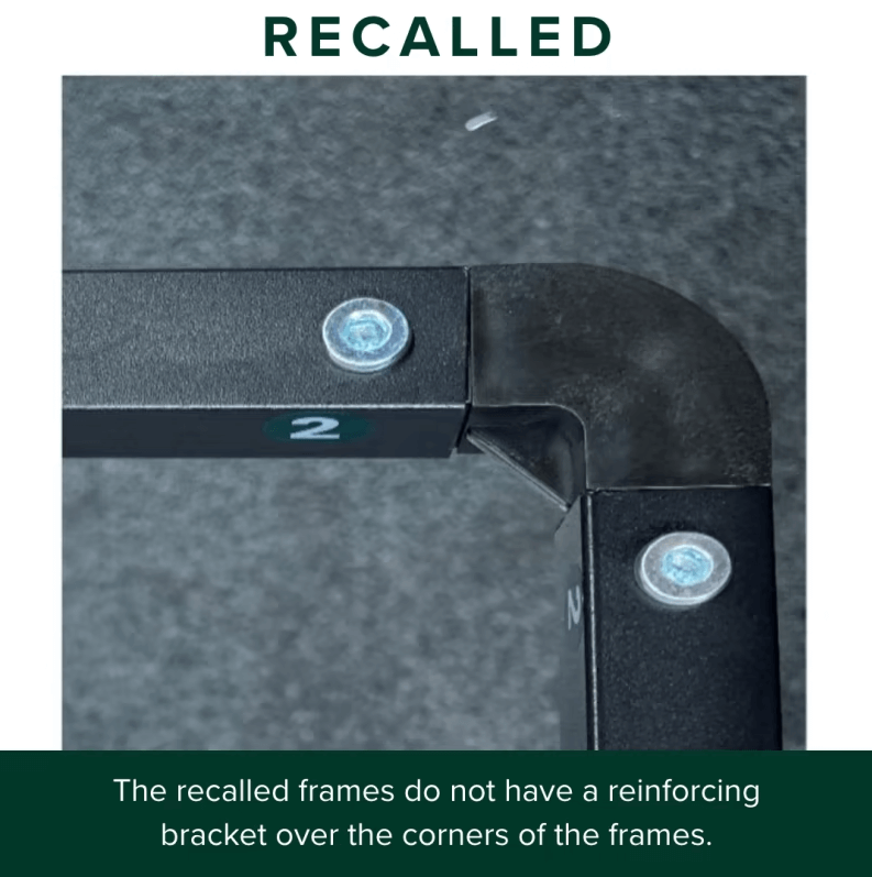 recalled frames, the recalled frames do not have a reinforcing bracket over the corners of the frames 