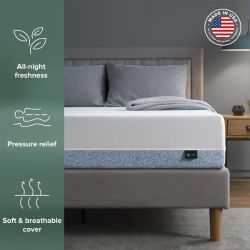 Zinus mattress on a modern bed frame highlighting all-night freshness, pressure relief, and a soft breathable cover — proudly made in the USA.