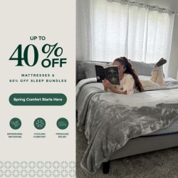 Woman reading on a Zinus mattress with Spring Savings promo — up to 40% off mattresses and 60% off sleep bundles, featuring cooling comfort and responsive pressure relief.