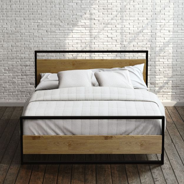 Zinus Suzanne Metal and Bamboo Platform Bed Frame with bedding, front view. Black steel frame with bamboo headboard and footboard, wooden slats for mattress support, and modern industrial style designed for strength and elegance.