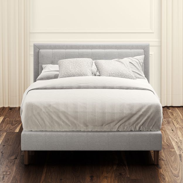 Zinus Dachelle Upholstered Platform Bed Frame in light gray with square tufted headboard. Durable wooden slats provide strong mattress support, while the upholstered design creates a sleek and modern low-profile look for any bedroom.