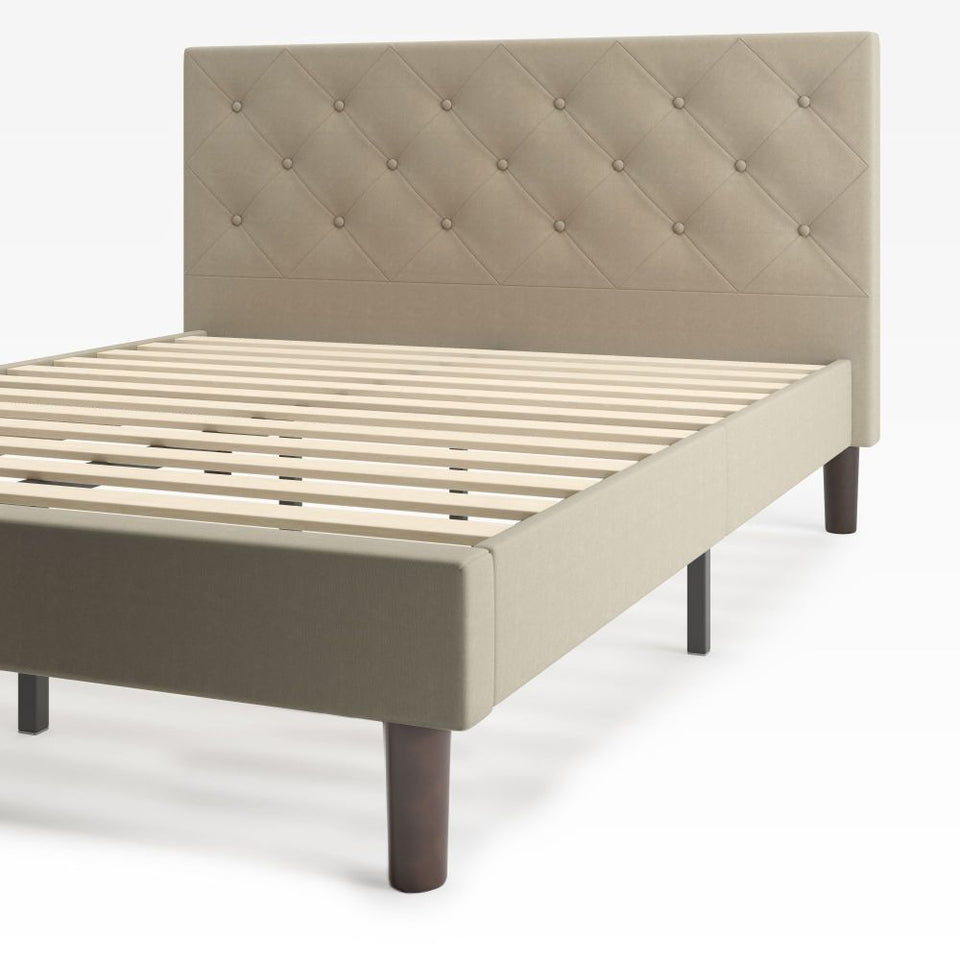 Zinus Shalini Upholstered Platform Bed Frame in beige velvet with a diamond-stitched headboard. Built with durable wooden slats for mattress support, this modern bed frame combines style, comfort, and strength while eliminating the need for a box spring.