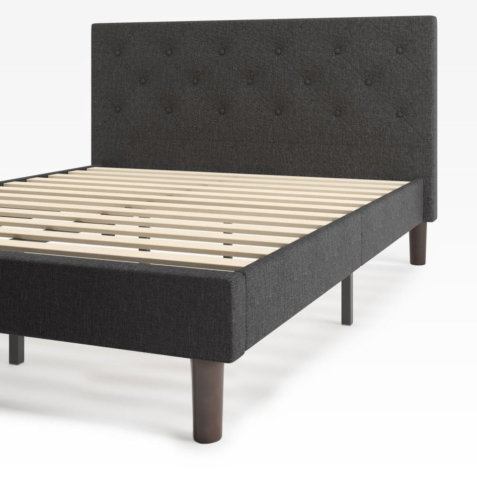 Zinus Shalini Upholstered Platform Bed Frame in dark gray with a diamond-stitched headboard. Built with durable wooden slats for mattress support, this modern bed frame combines style, comfort, and strength while eliminating the need for a box spring.