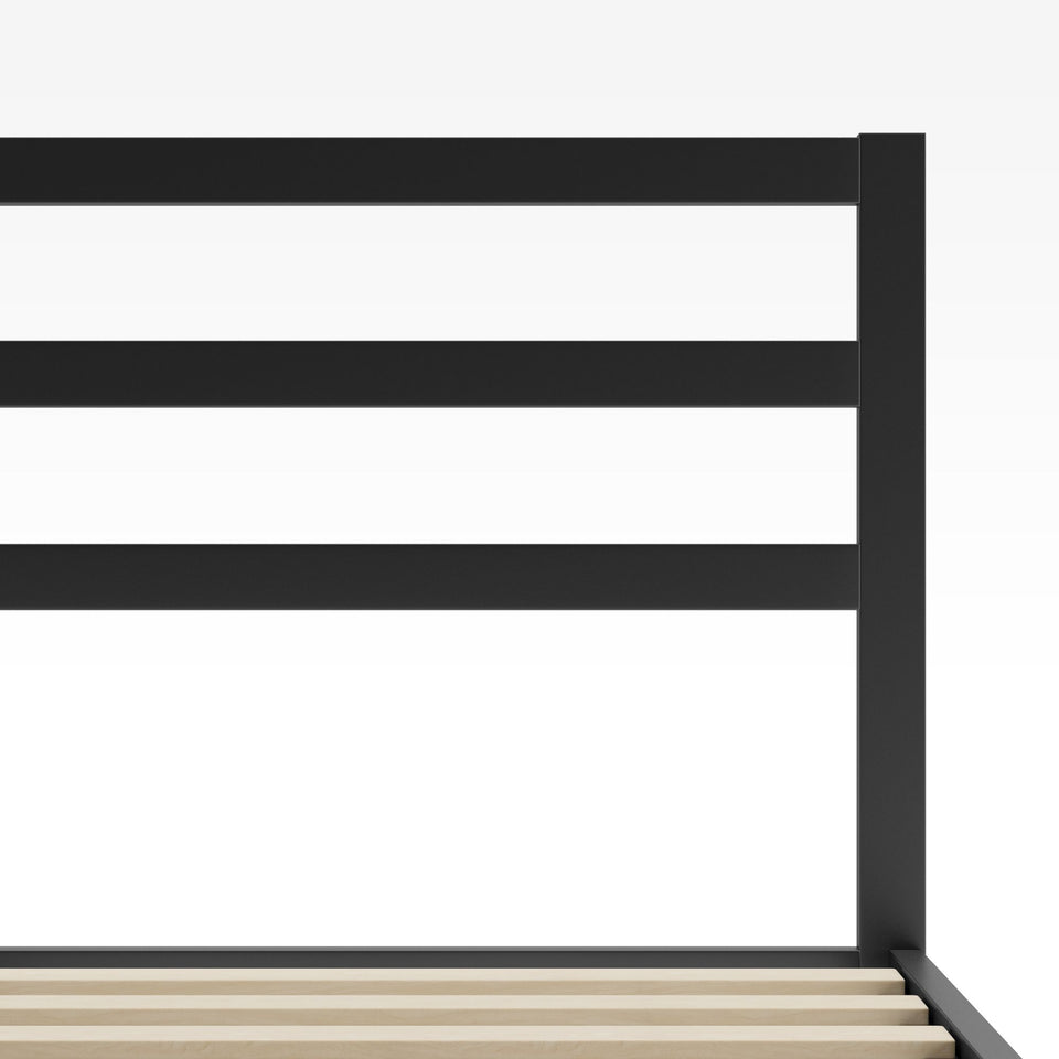 Zinus Mia Metal Platform Bed Frame with headboard close-up. Sleek black steel frame with horizontal slats and wooden mattress support. Durable design offers modern minimalist style with sturdy steel construction for lasting comfort.
