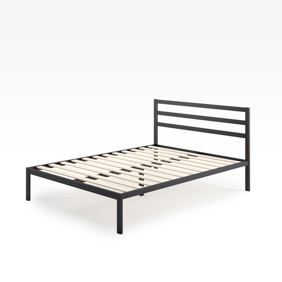 Zinus Mia Metal Platform Bed Frame with Headboard angled side view. Features strong black steel structure with horizontal slat headboard and wooden mattress slats. Simple, durable, and designed for reliable support without a box spring.