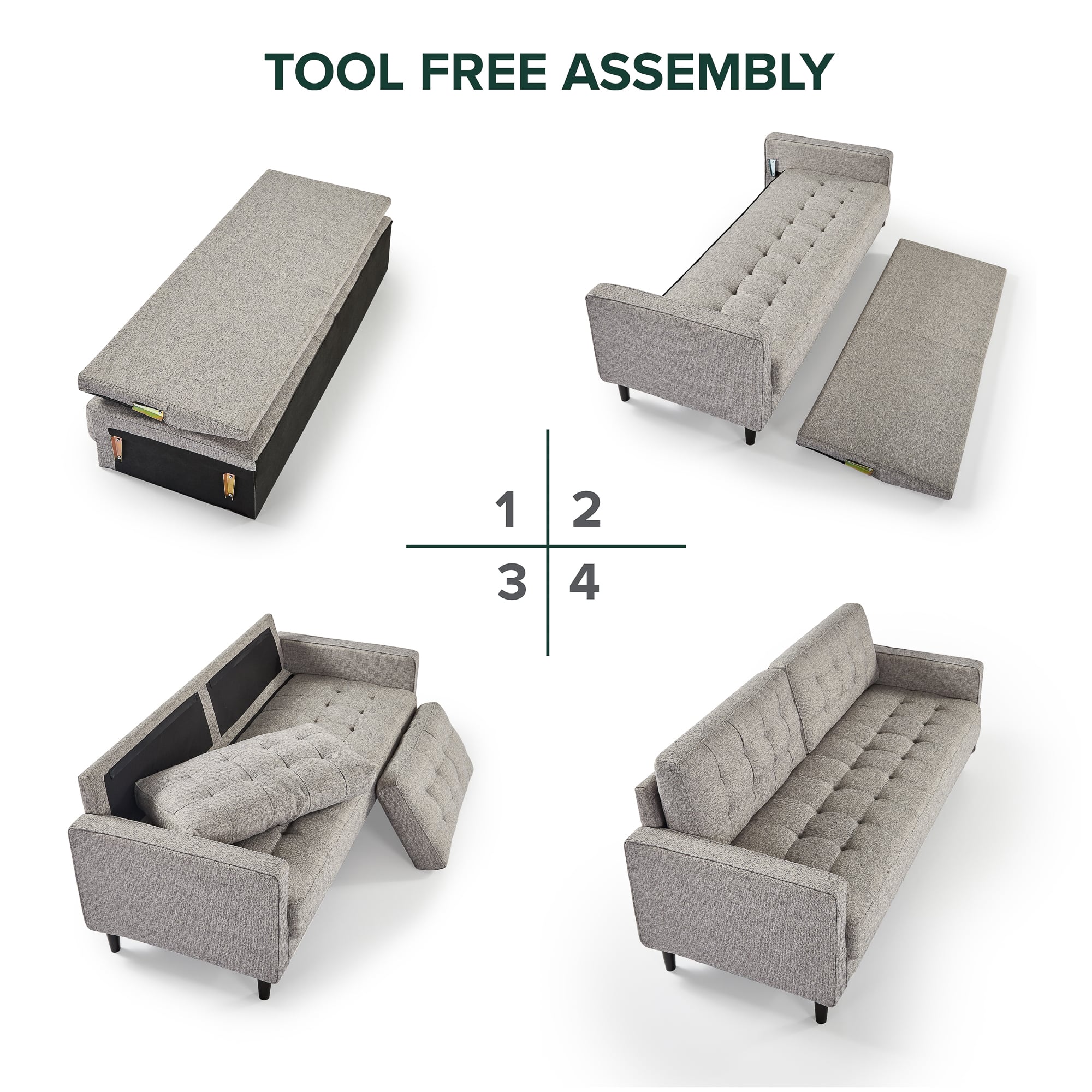 Benton Mid-Century Sofa Soft Grey tool free assembly