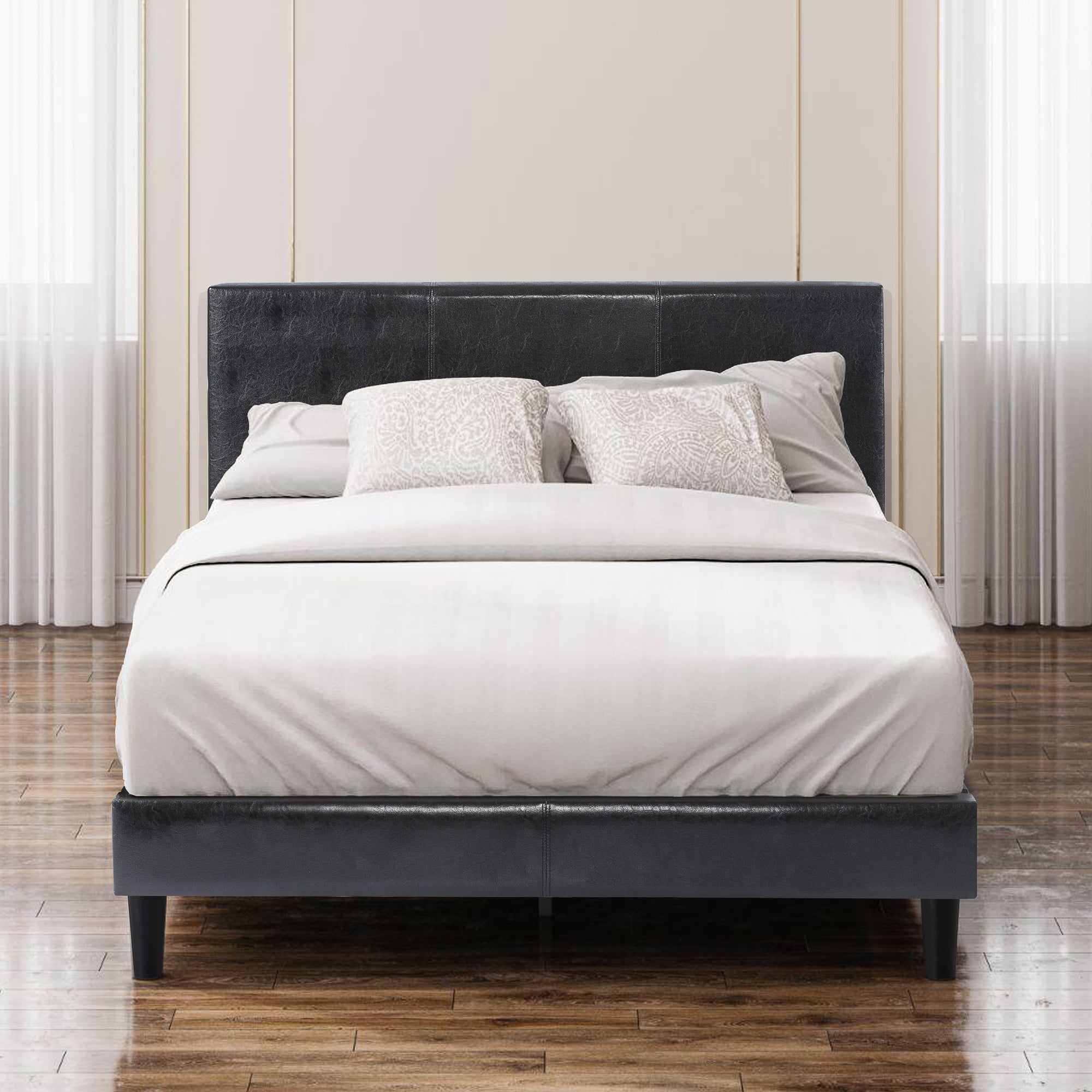 Jade Faux Leather Upholstered Platform Bed Frame with Short Headboard Black