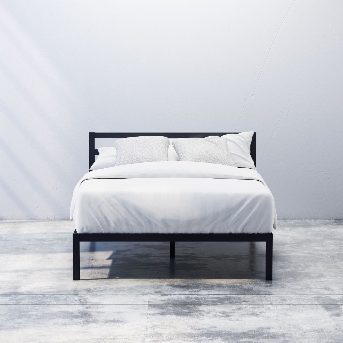 Zinus Mia Metal Platform Bed Frame with Headboard front view in bright bedroom. Black steel frame with horizontal slat headboard, wooden mattress supports, and 14 inch underbed storage clearance. Minimalist modern style with lasting strength.