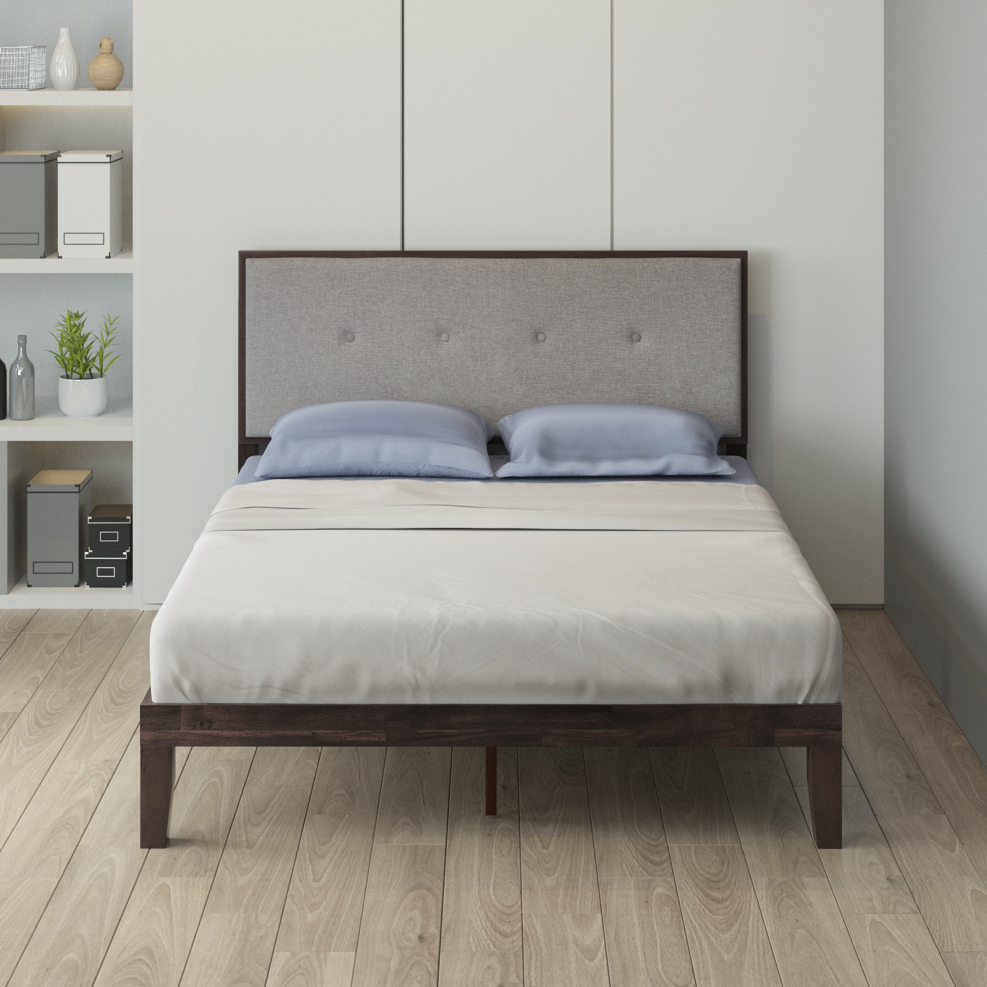 Moiz Wood Platform Bed Frame with Upholstered Headboard
