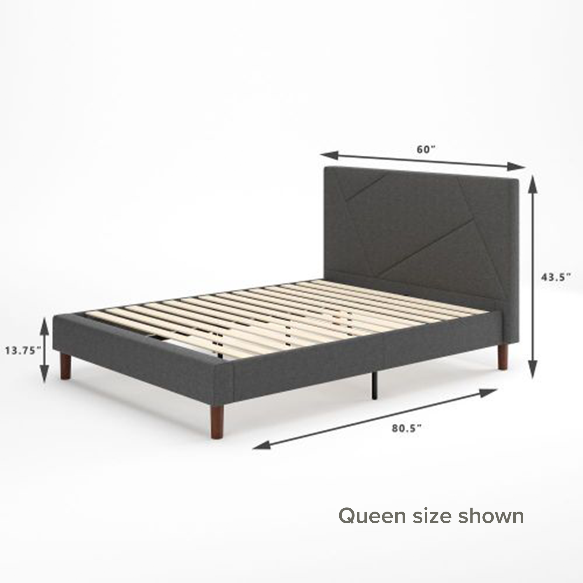 Judy upholstered Platform Bed Dimension queen size shown