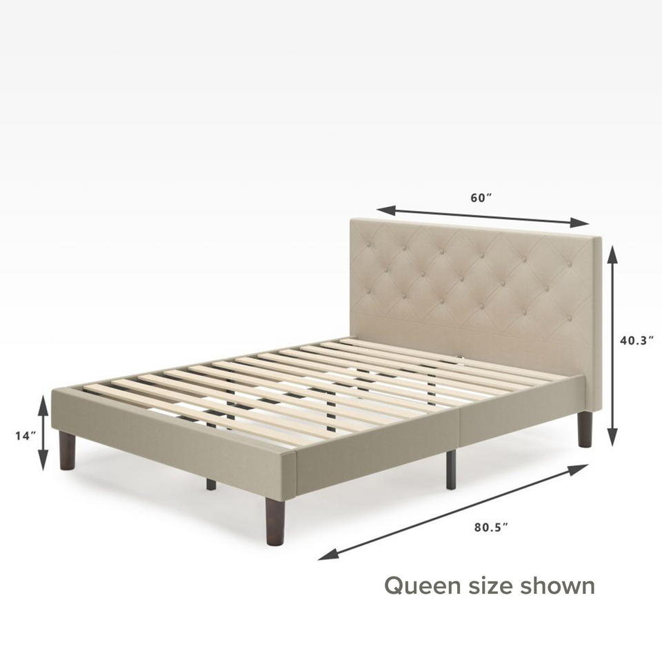 Zinus Shalini Upholstered Platform Bed Frame in beige velvet, queen size shown with dimensions 80.5” length, 60” width, and 40.3” height. Features diamond-stitched tufted headboard, sturdy wooden slats for strong mattress support, and 14” underbed clearance.