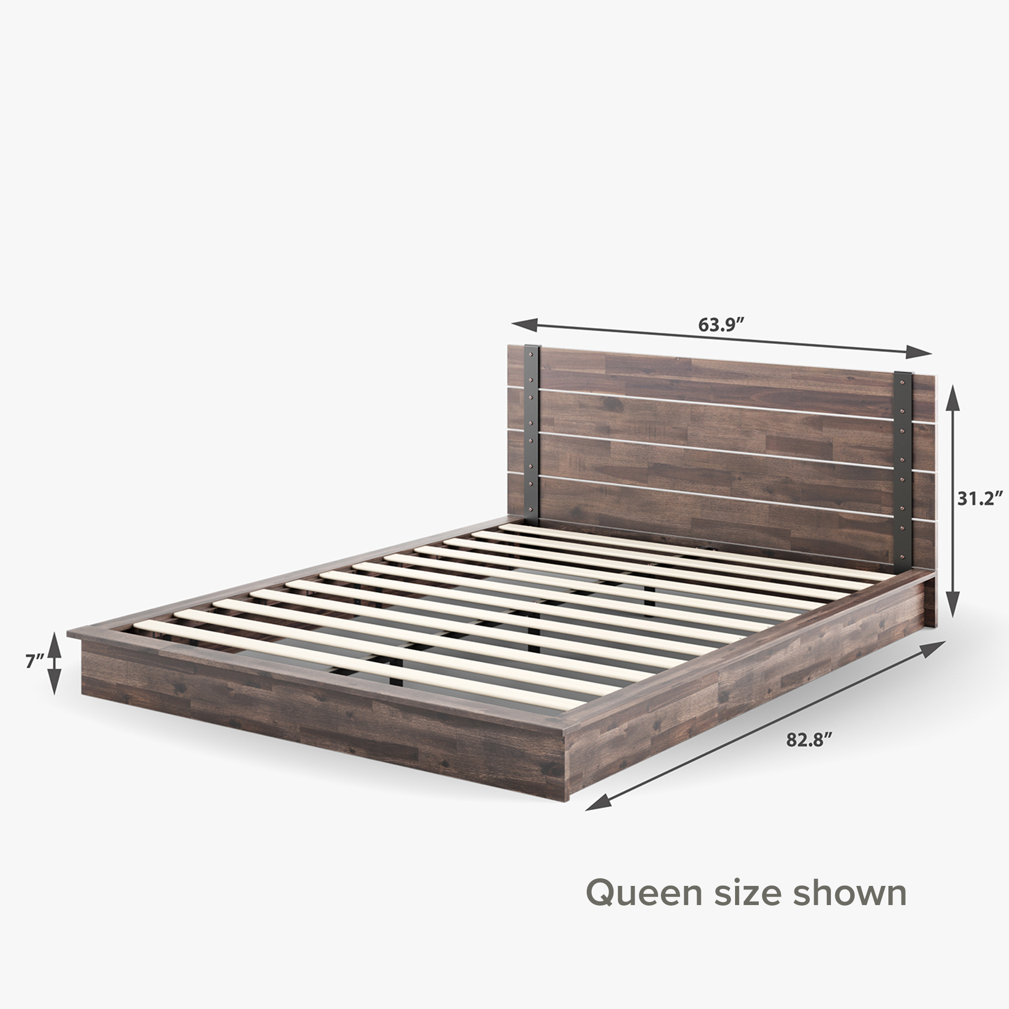 Brock Metal and Wood Platform Bed Frame queen size dimensions shown