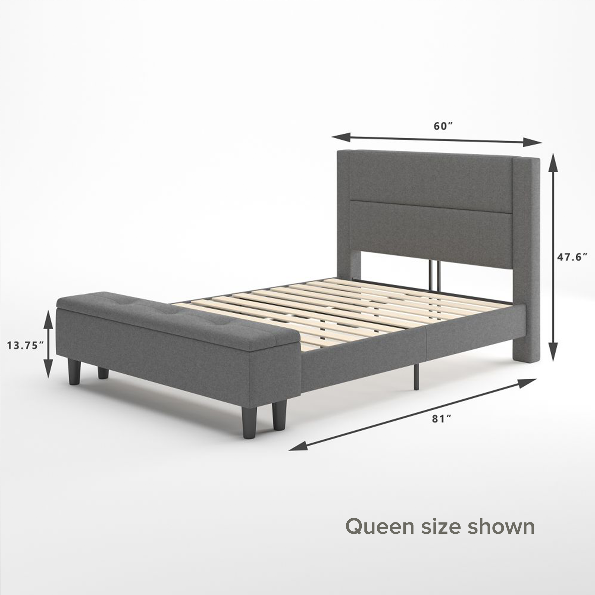 Wanda upholstered Platform Bed with storage queen size dimensions shown