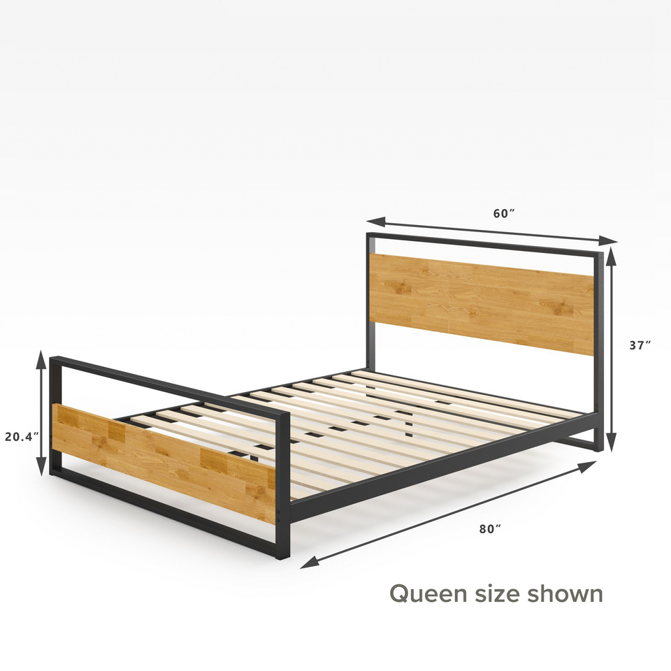 Zinus Suzanne Metal and Bamboo Platform Bed Frame with headboard and footboard, queen size dimensions shown. Measures 60 inches wide, 80 inches long, 37 inches high, and 20.4 inch footboard. Strong steel frame with natural bamboo panels and wood slats.