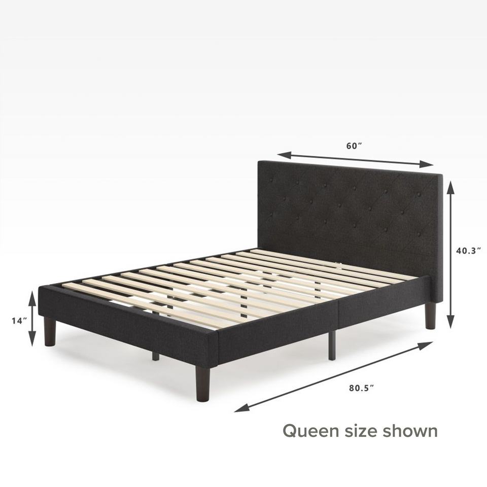 Zinus Shalini Upholstered Platform Bed Frame in dark gray, queen size shown with dimensions 80.5” length, 60” width, and 40.3” height. Features diamond-stitched tufted headboard, sturdy wooden slats for strong mattress support, and 14” underbed clearance.